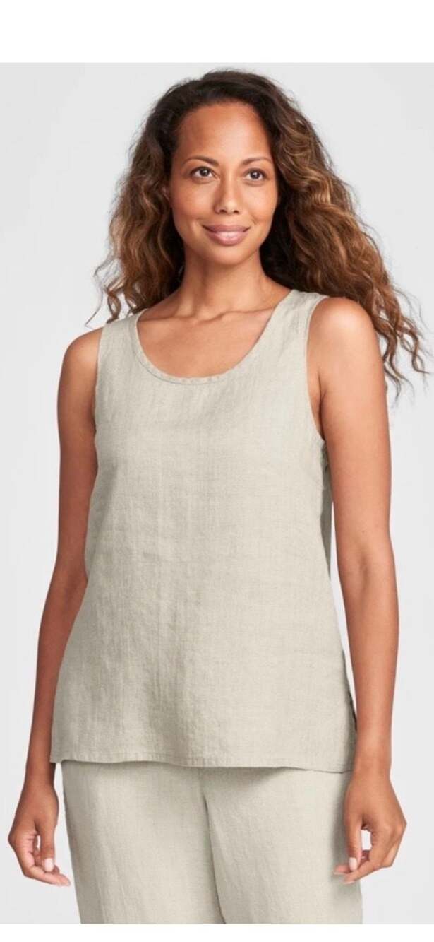 FLAX 100% Fundamental Linen Scoop Neck Tank Top Small Putty